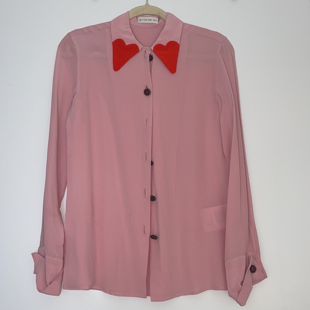 Etro silk pink blouse with hearts on collar